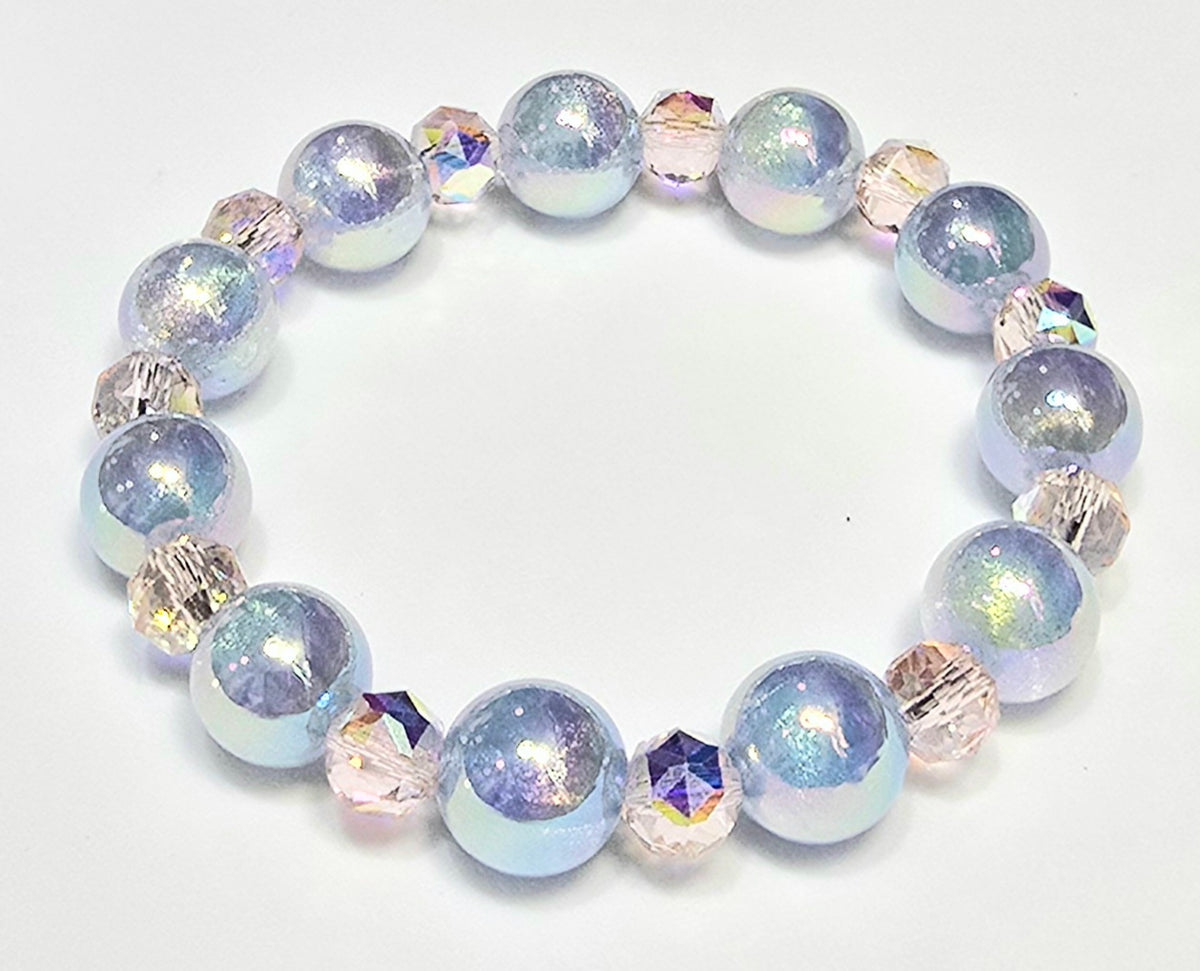 *12mm Iridescent Beads with 8mm Faceted Pink Glass Beaded Bracelet