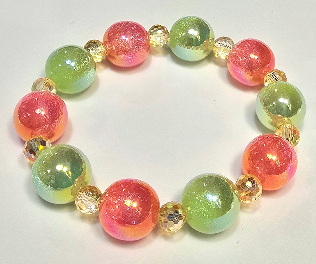 *16mm Iridescent Watermelon & Green Apple Beads with Gold Clear Faceted Beaded Bracelet