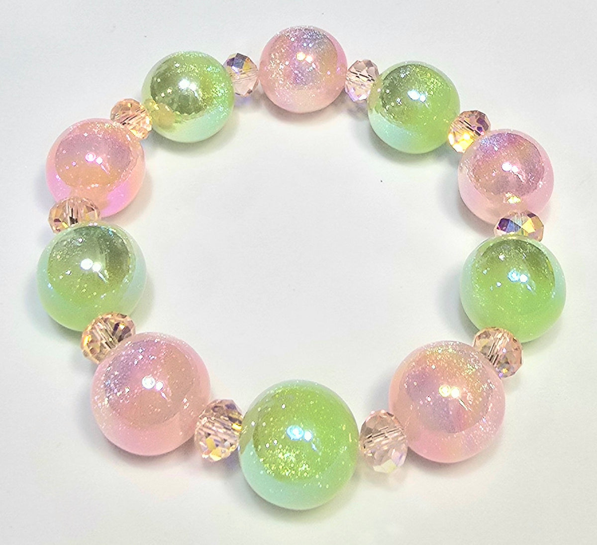 *16mm Iridescent Pink & Green Apple Beads with Pink Faceted Glass Beaded Bracelet