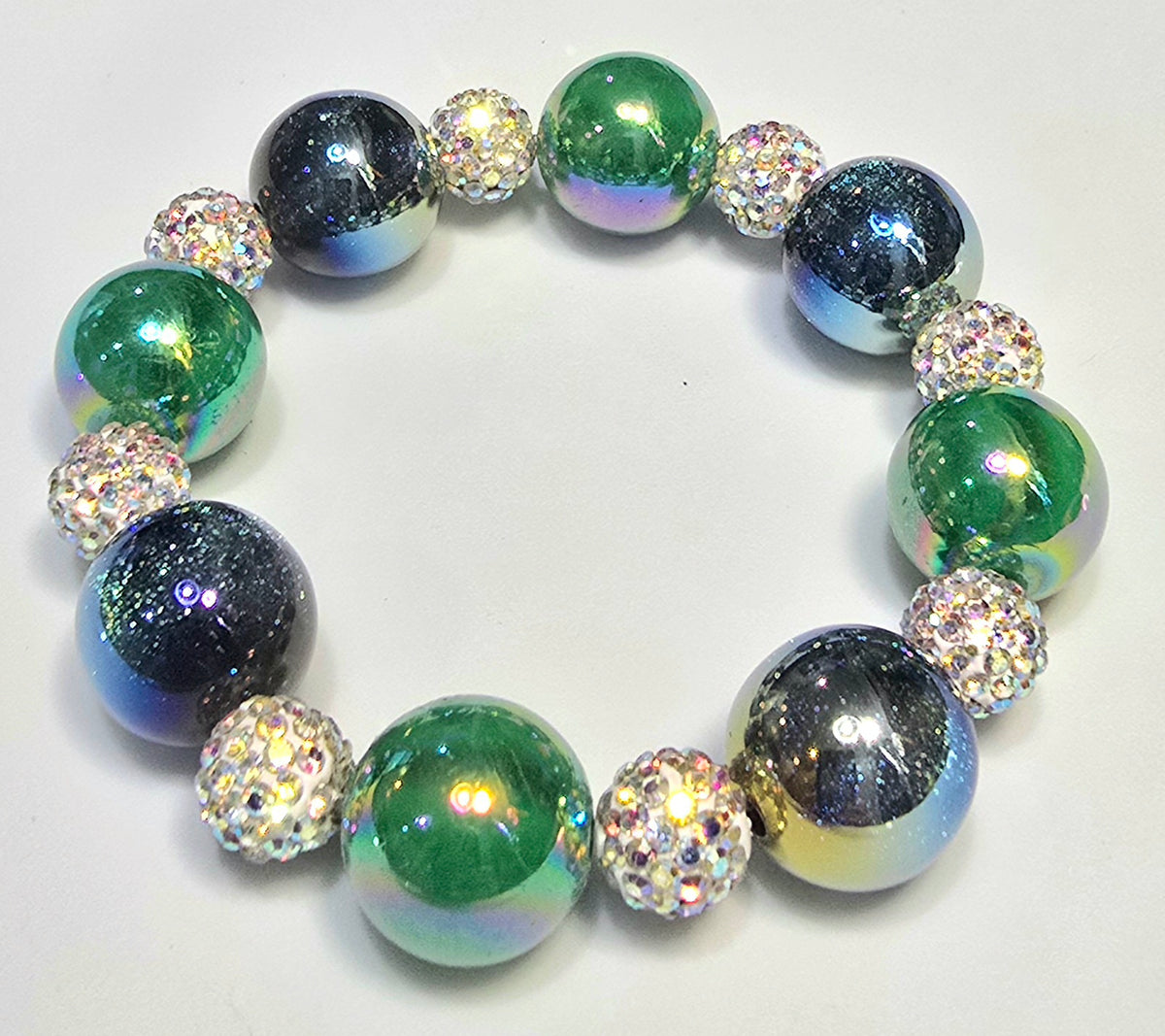 *16mm Iridescent Blue & Green Beads with 10mm White Sparkle Beads Bracelet