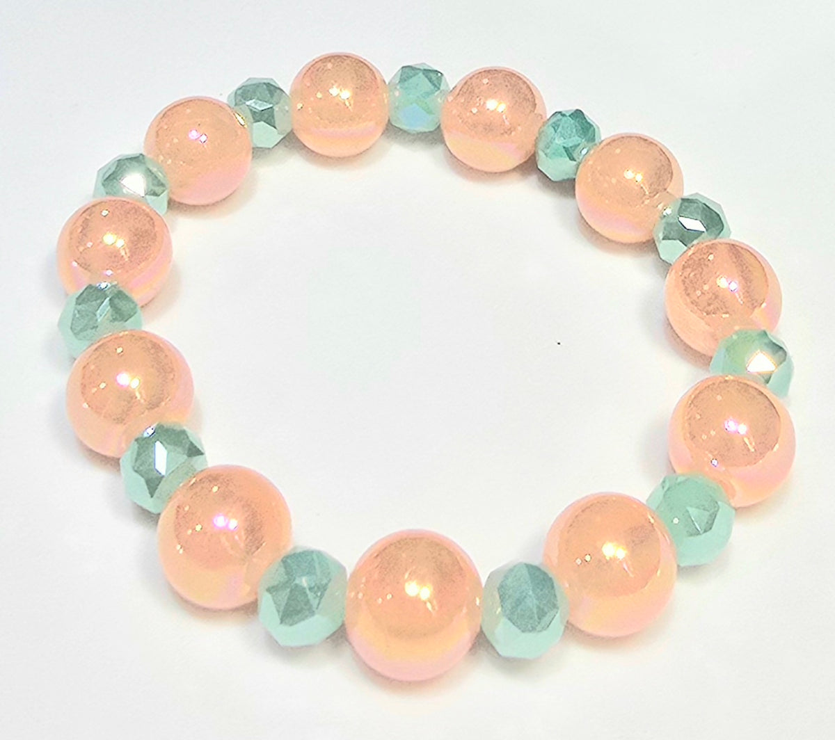 *12mm Iridescent Orange Beads with 8mm Light Green Faceted Beaded Bracelet
