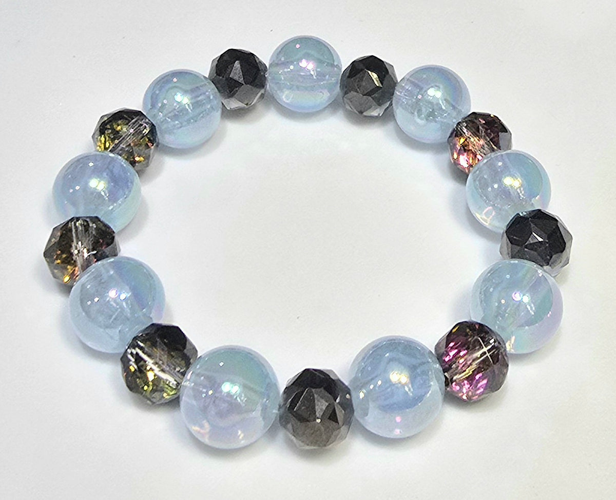 *12mm Iridescent Blue Beads with 10mm Smokey Faceted Beaded Bracelet