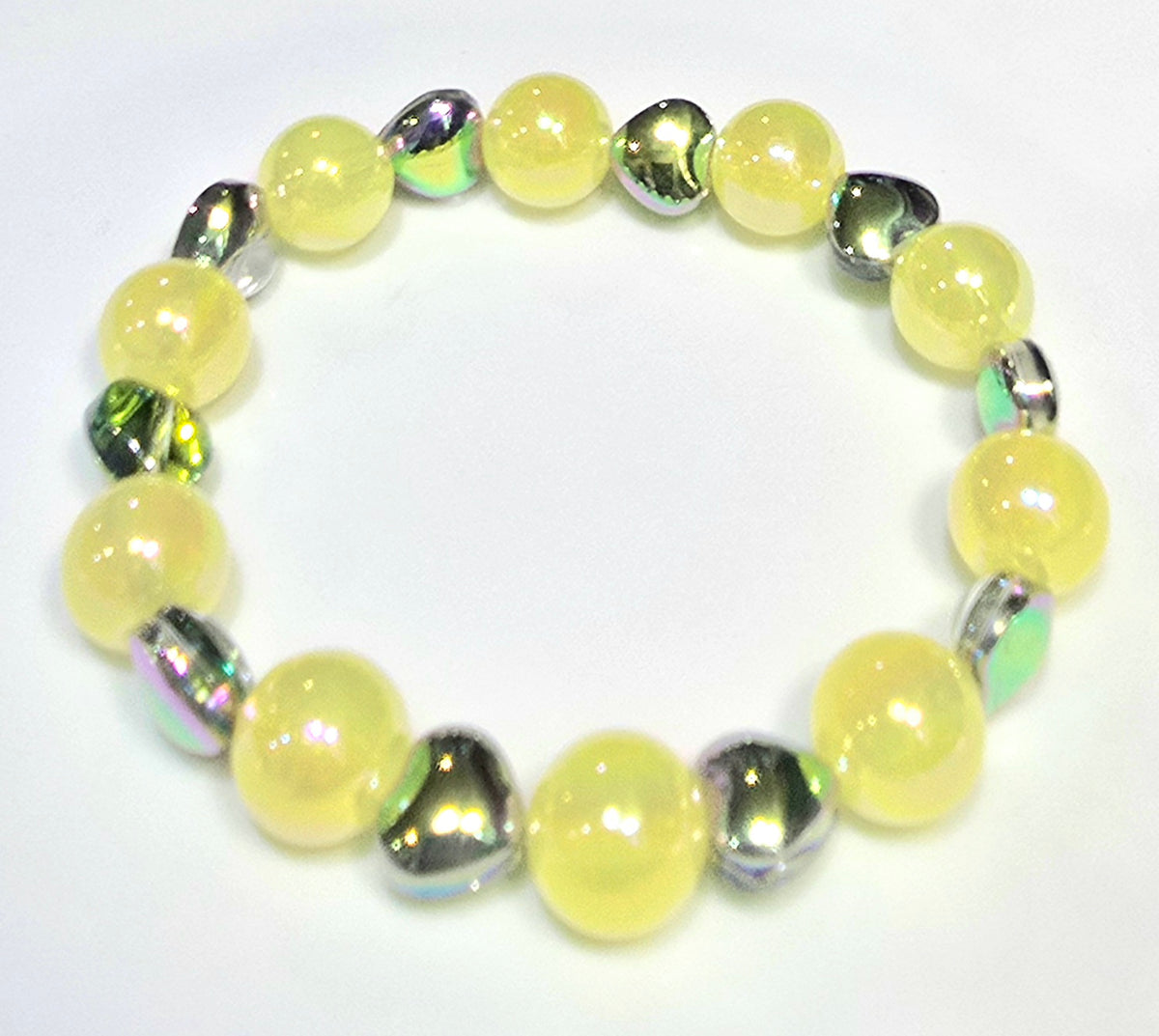 *12mm Iridescent Yellow Beads with Green Heart Glass Beaded Bracelet