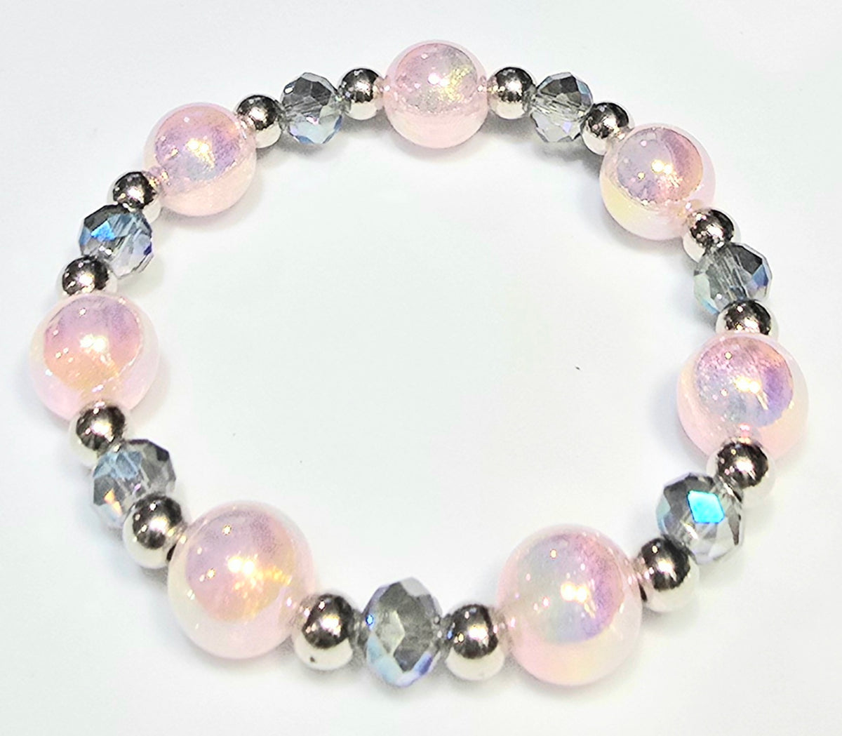 *12mm Iridescent Pink Beads with 8mm Smokey Faceted Glass Beaded Bracelet