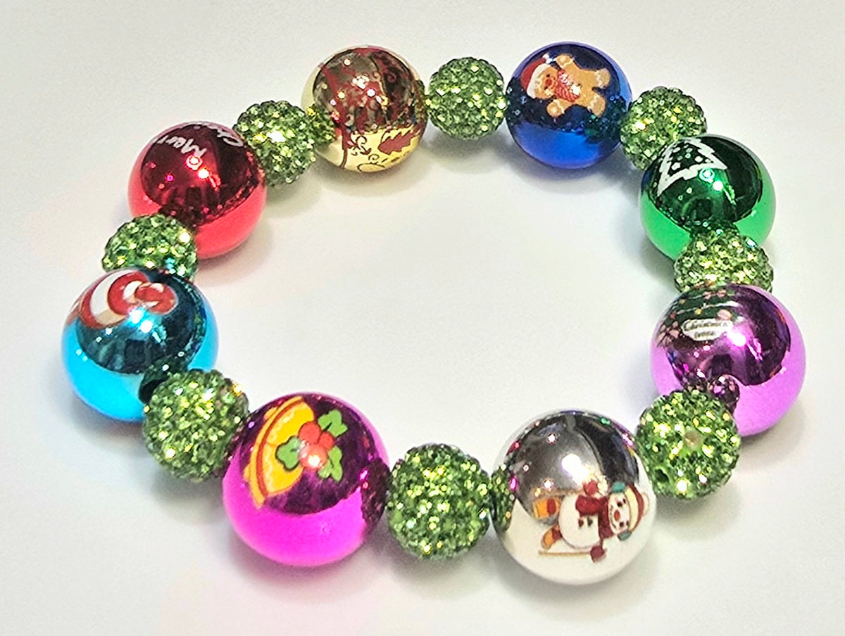 *16mm Christmas Metallic With 10mm Green Sparkle Beaded Bracelet