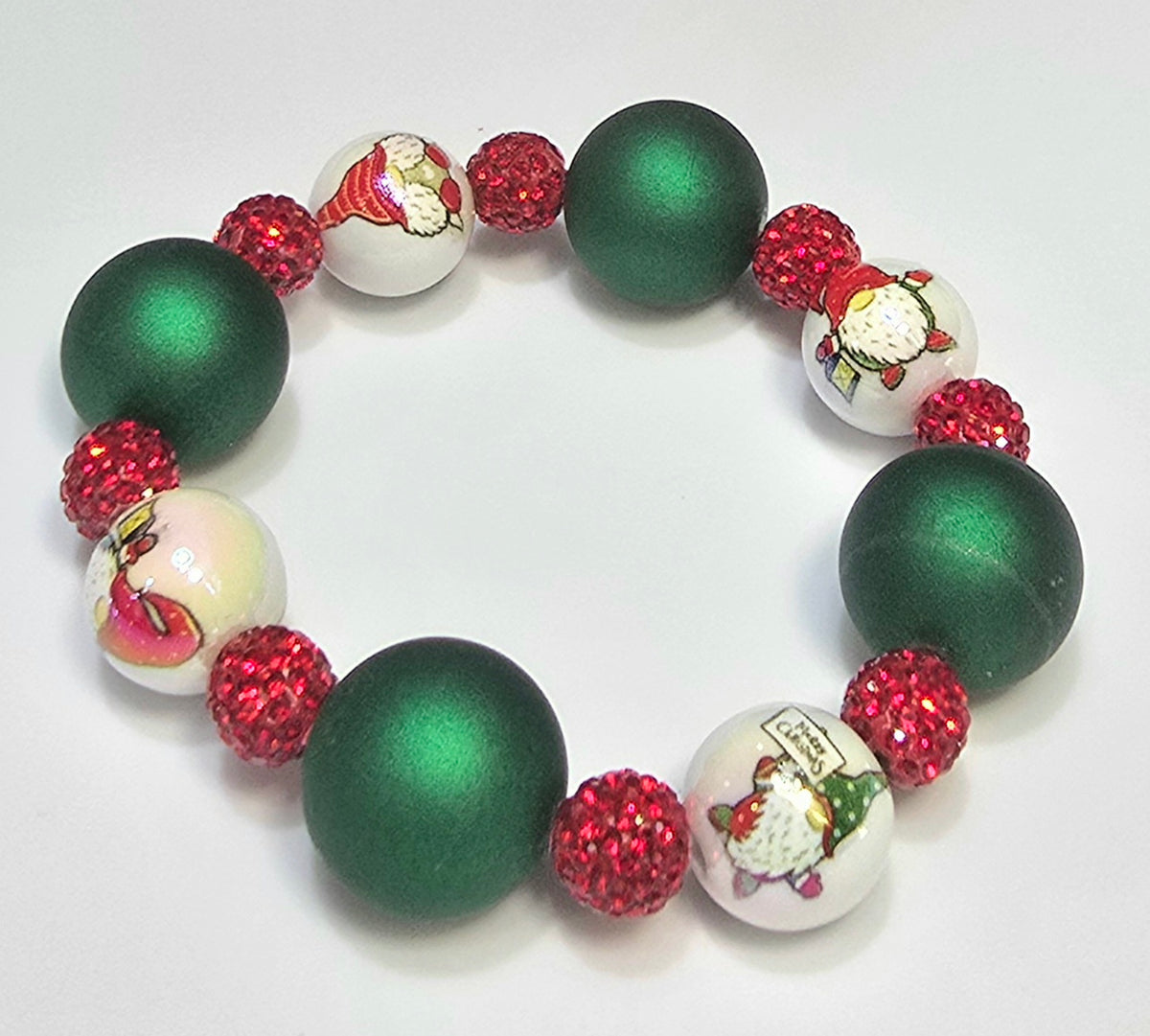 *20mm Christmas Frosty Green 16mm Elf Beads With 10mm Red Sparkle Beaded Bracelet