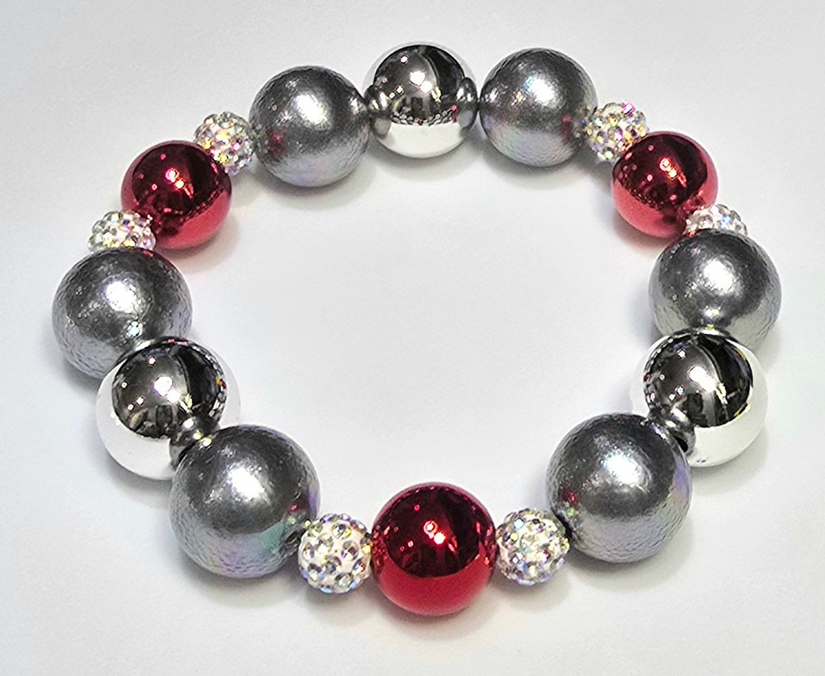 *16mm Christmas Silver & Metallic & Red With 8mm Sparkle Beaded Bracelet