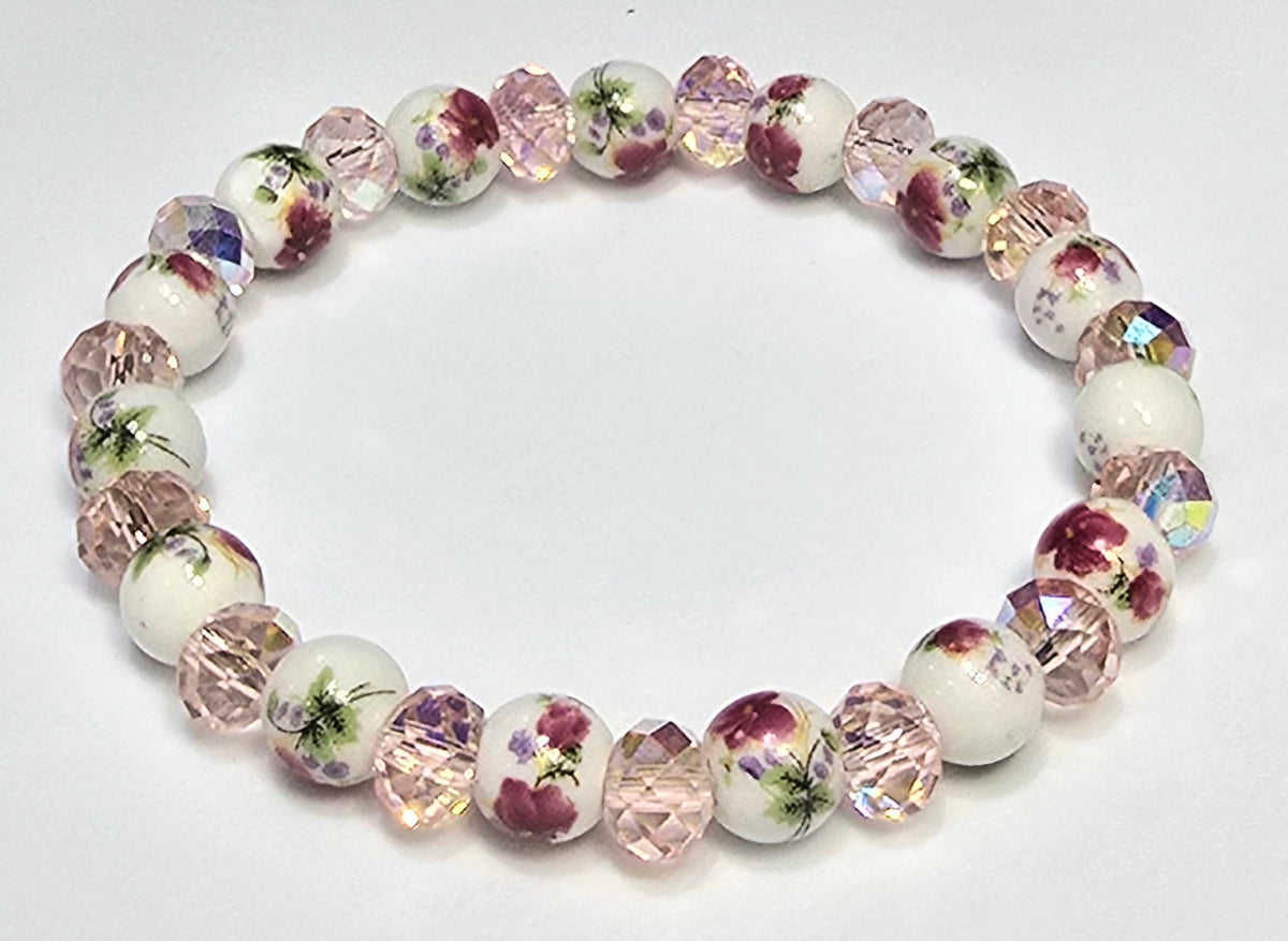 *8mm Ceramic Maroon Flower Beads With 8mm Pink Facets Bracelet