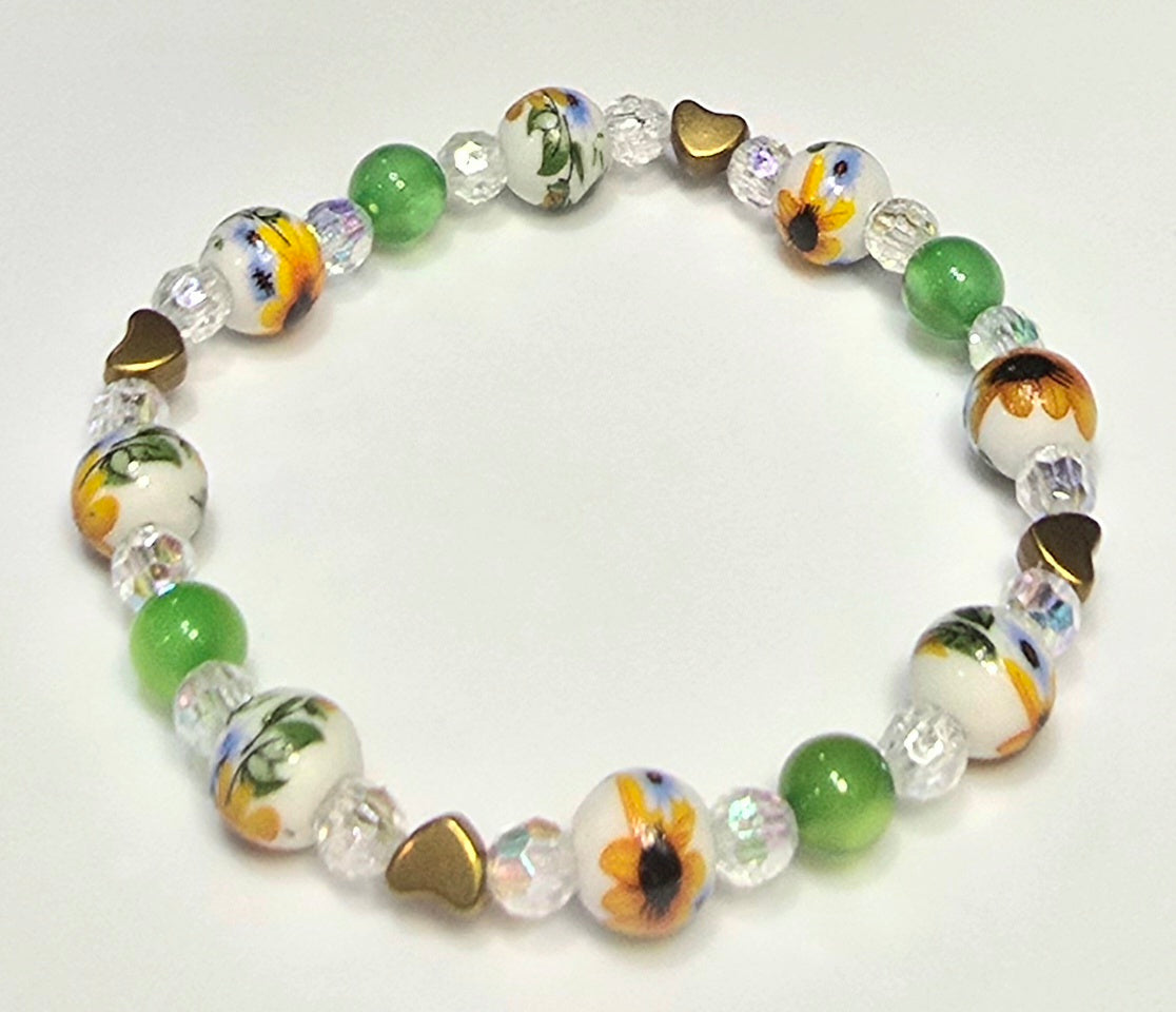 *10mm Ceramic Yellow Flower Beads With 8mm Green Cat Eye & Hearts Bracelet