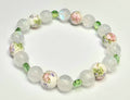 *10mm Ceramic Pink Flower Beads With 10mm White & 6mm Green Glass Beaded Bracelet