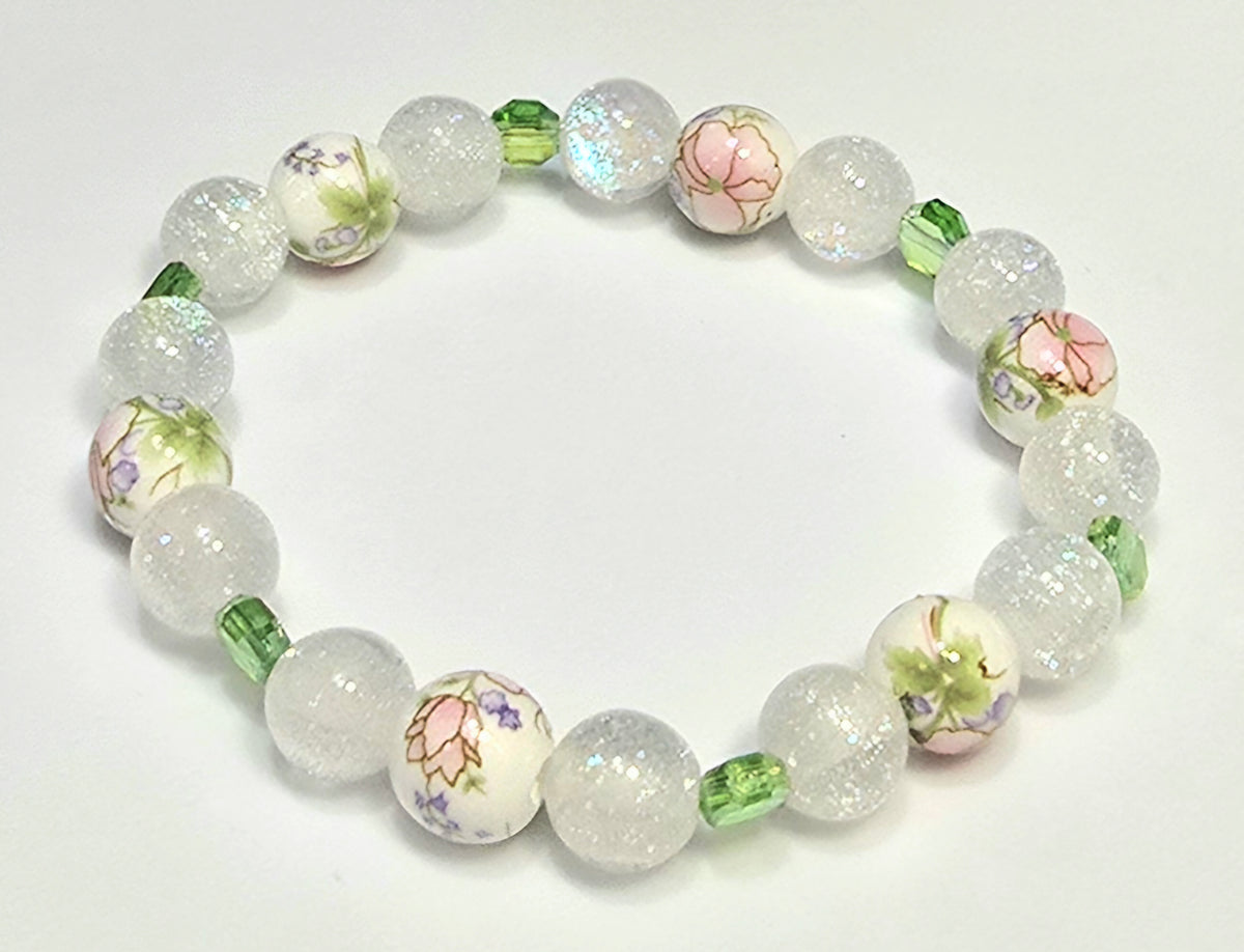 *10mm Ceramic Pink Flower Beads With 10mm White & 6mm Green Glass Beaded Bracelet