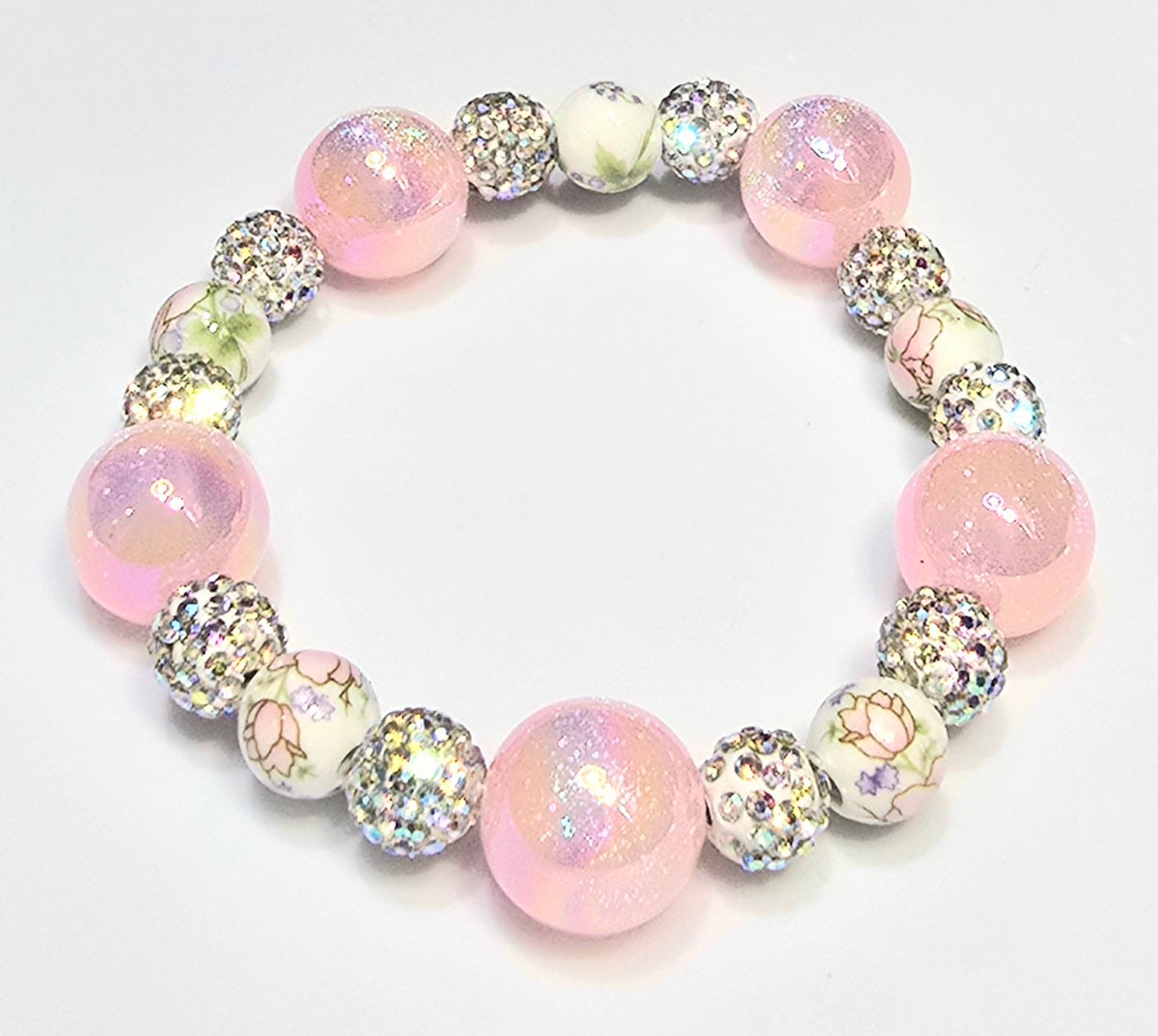 *16mm Iridescent & 12mm Ceramic Pink Flowers With 10mm Sparkle Beaded Bracelet