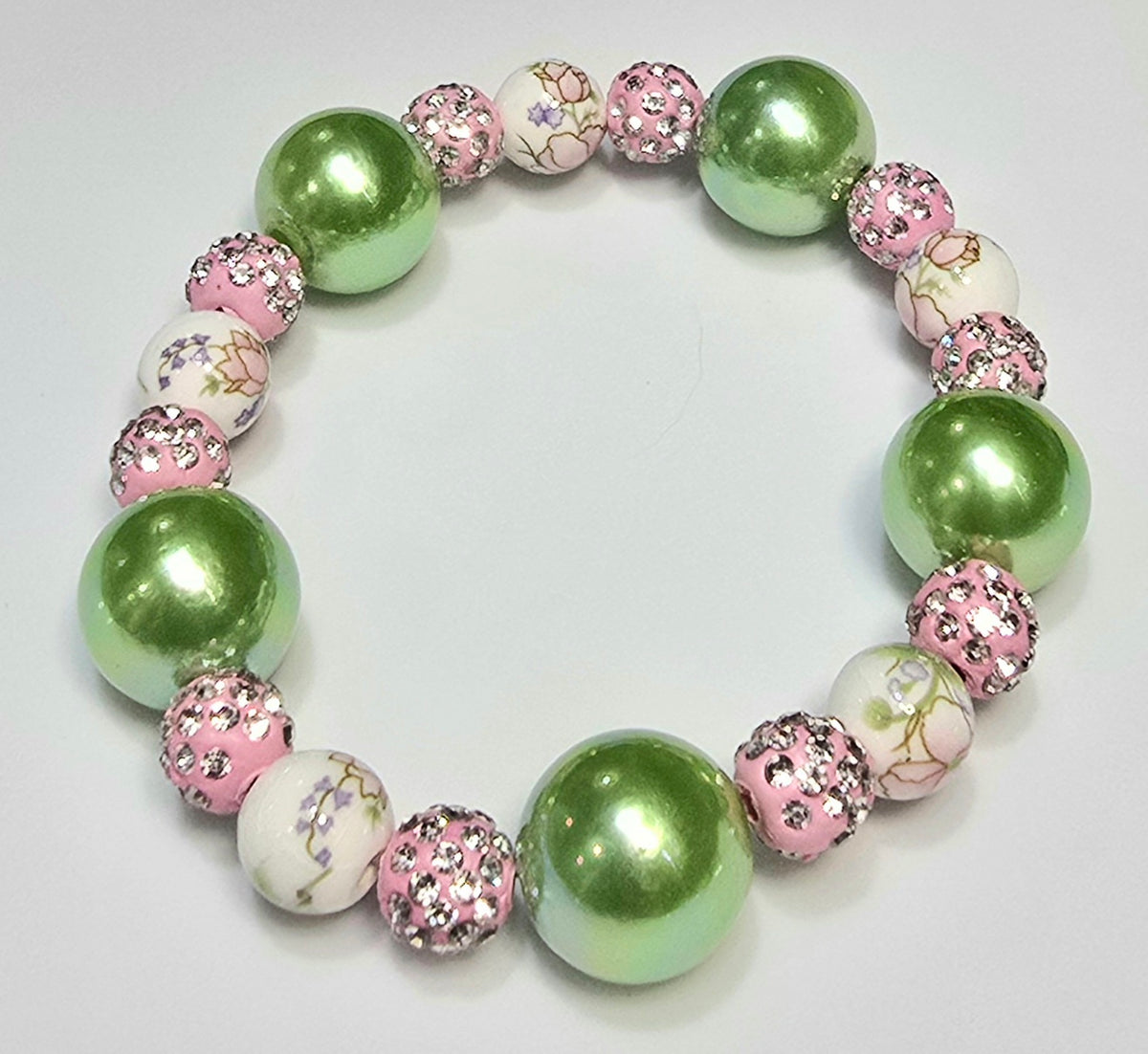 *10mm Ceramic Pink Flower Beads With 16mm Light Green & 8mm Pink Sparkle Beaded Bracelet