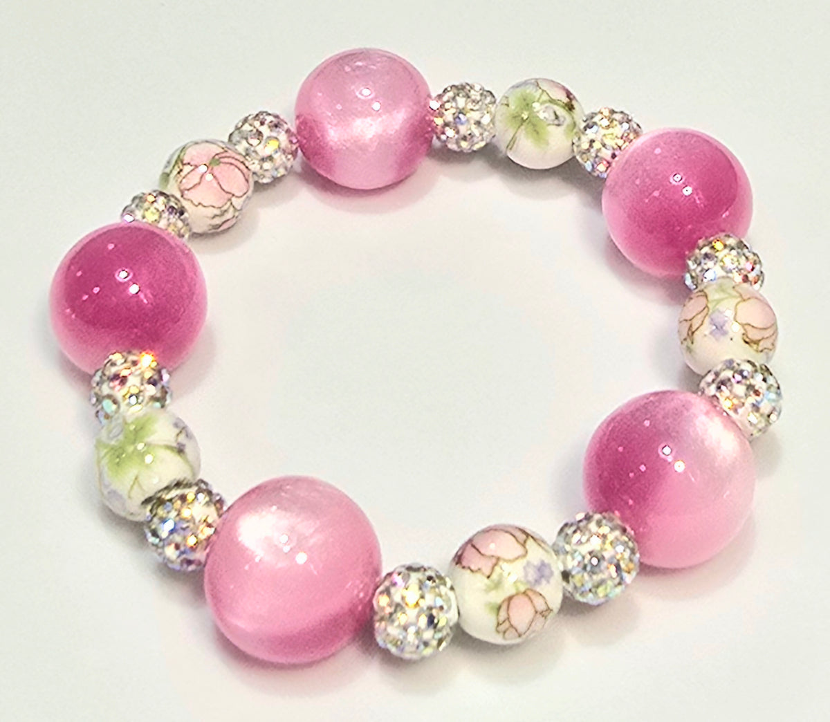 *10mm Ceramic Pink Flower Beads With 16mm Bright Pink Beaded Bracelet
