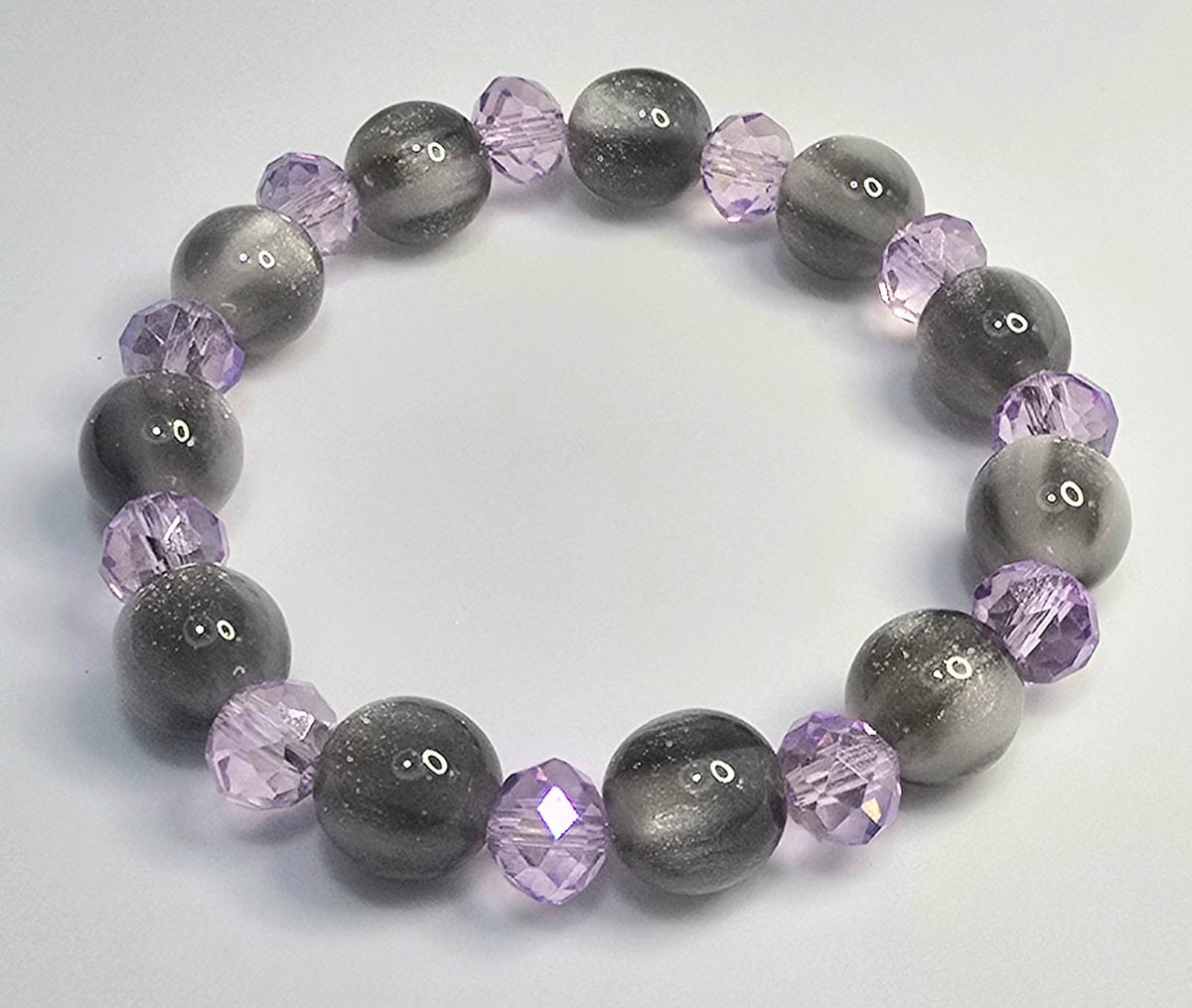 *10mm Grey Glitter Beads With 8mm Purple Faceted Glass Beaded Bracelet