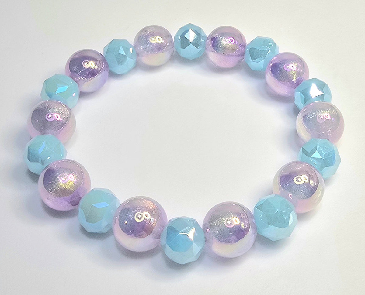 *12mm Iridescent Pink/Purple With 10mm Light Blue Faceted Glass Beaded Bracelet