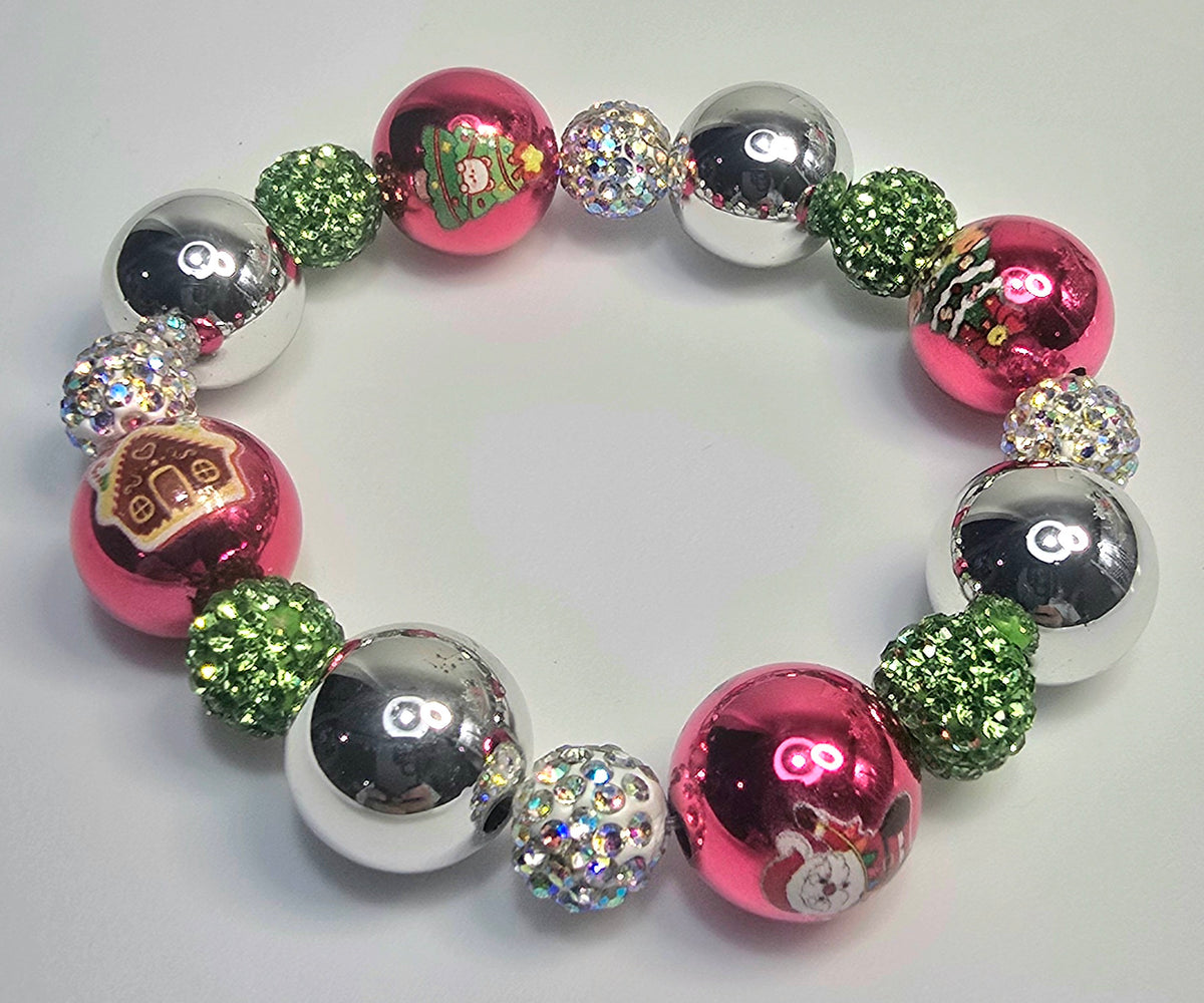 *16mm Christmas Metallic Red & Silver Beads With 10mm Green & White Sparkle Beaded Bracelet