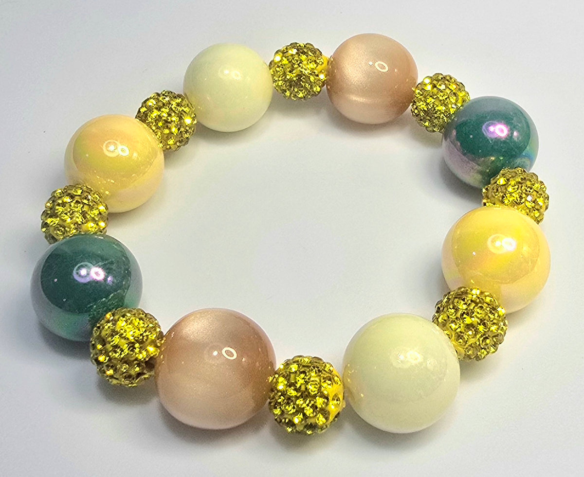 *16mm Green, Yellow, Beige & White Beads With 10mm Yellow Sparkle Beaded Bracelet