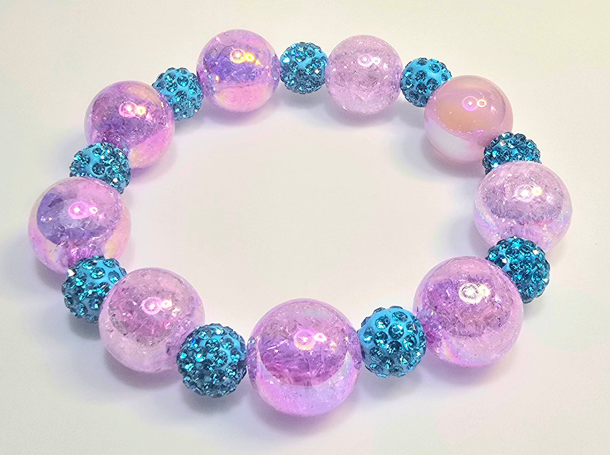 *14mm Purple Resin Beads With 10mm Blue Sparkle Beaded Bracelet