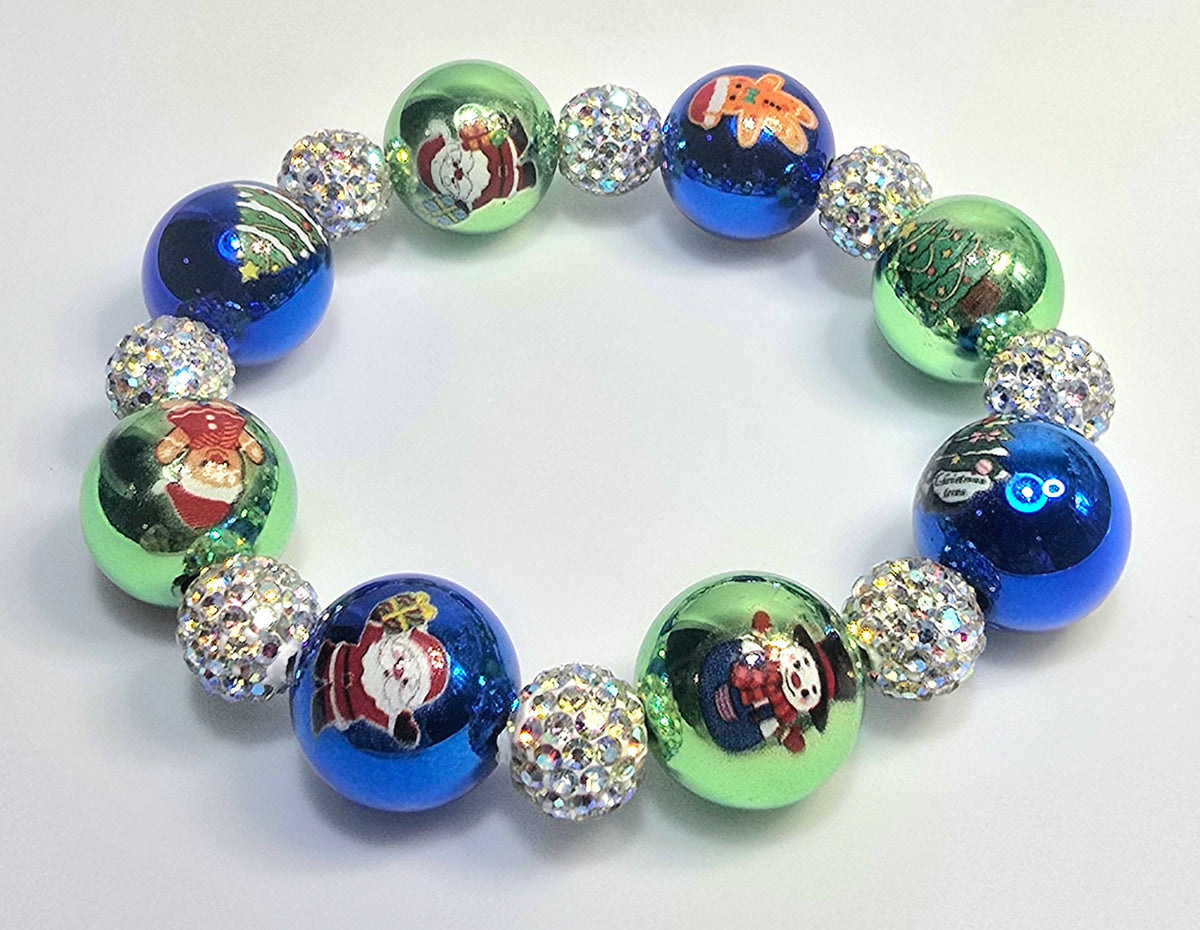 *16mm Christmas Blue & Green Metallic Resin Beads With 10mm Sparkle Bead Bracelet