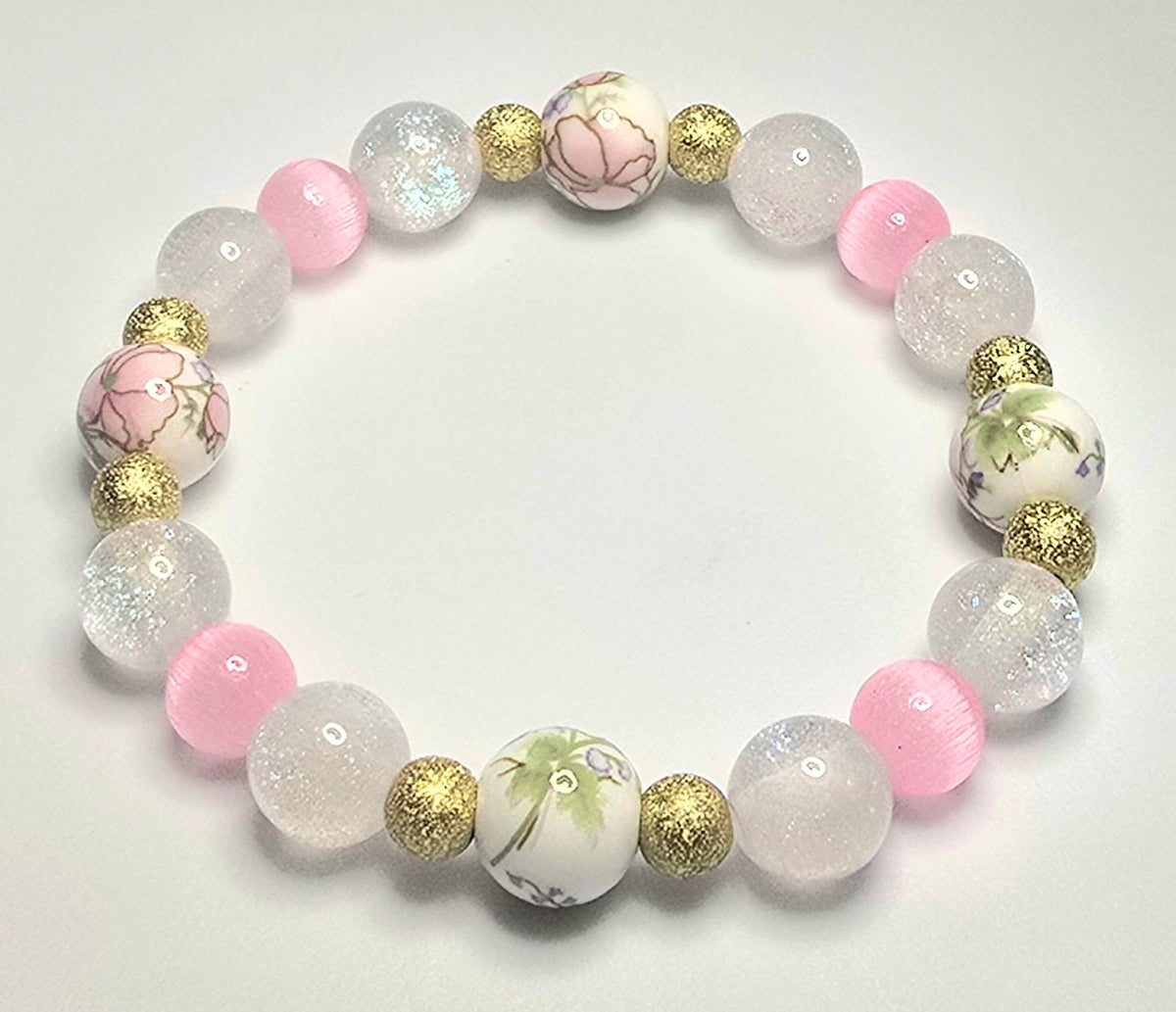 *12mm Ceramic Pink Flower Beads With 10mm White & 8mm Pink Cat Eye Beaded Bracelet