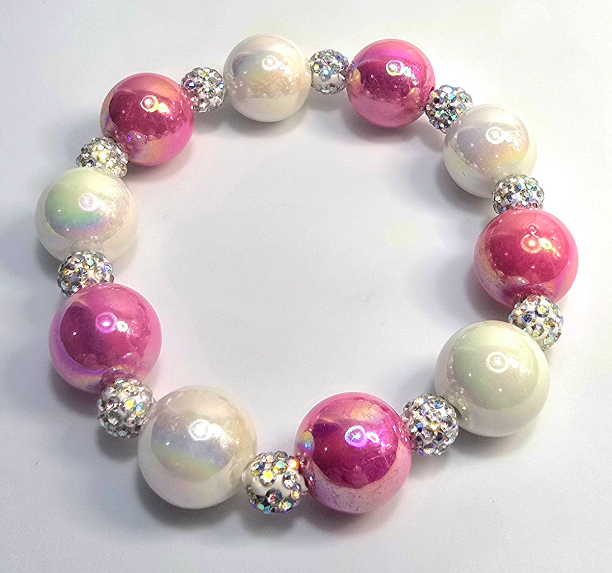 *16mm Hot Pink & White Resin Beads With 8mm Sparkle Beaded Bracelet
