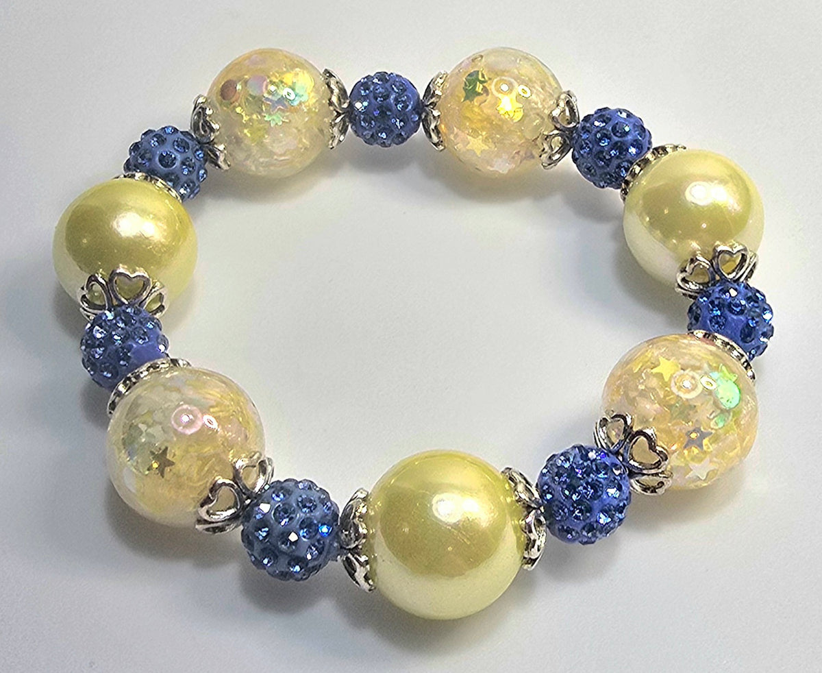 *16mm Light Yellow Pearly & Crackle Beads With 10mm Blue Sparkle Beads & Antique Bracelet