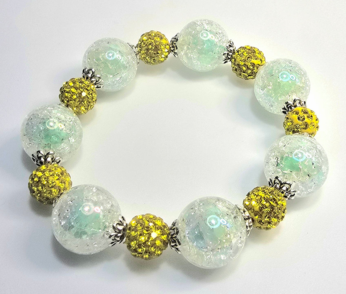 *16mm Mint Colored Crackle Beads With 10mm Yellow Sparkle Beads & Caps Beaded Bracelet