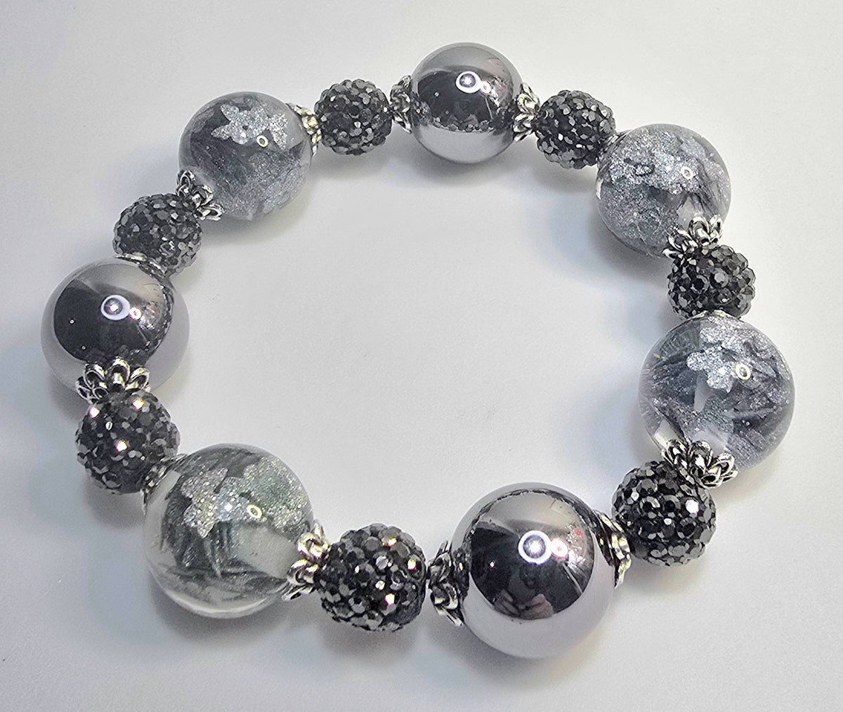 *16mm Dark Silver Metallic & Butterfly Beads With 10mm Smokey Grey Sparkle Beads & Caps Bracelet