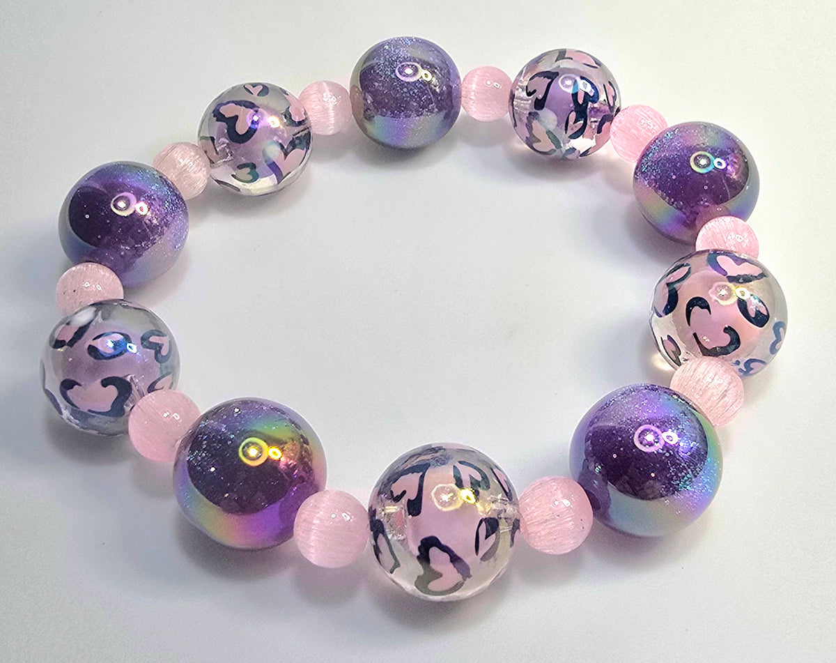 *16mm Pink Heart Resin & Purple Beads With 8mm Pink Cat Eye Bracelet