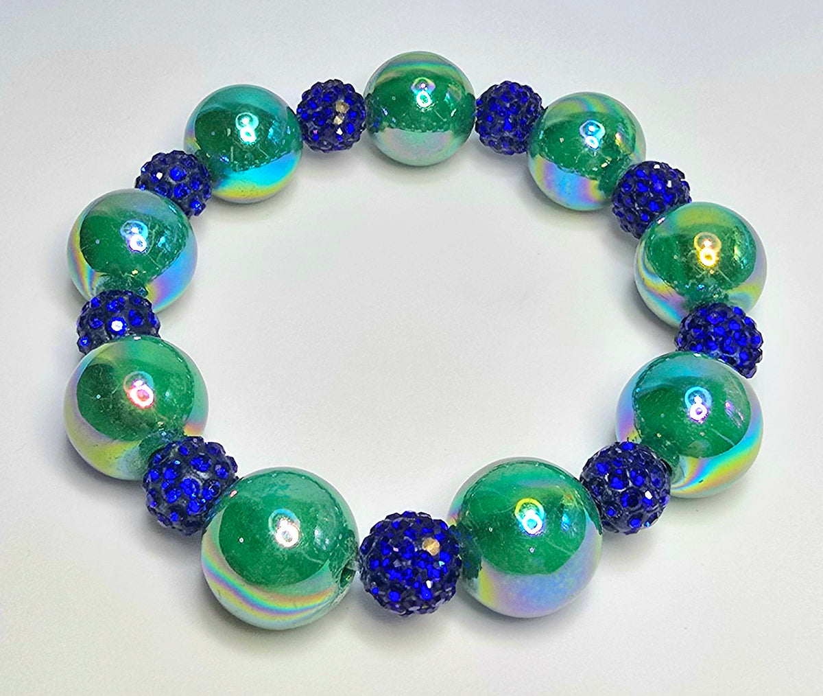 *16mm Green Resin Beads With 10mm Royal Blue Sparkle Beaded Bracelet