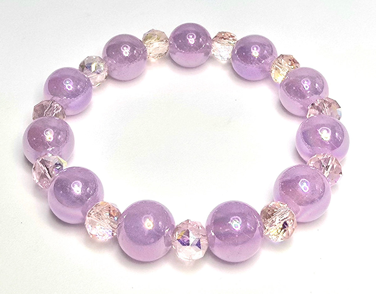 *12mm Iridescent Purple Beads With 8mm Pink Faceted Glass Beaded Bracelet