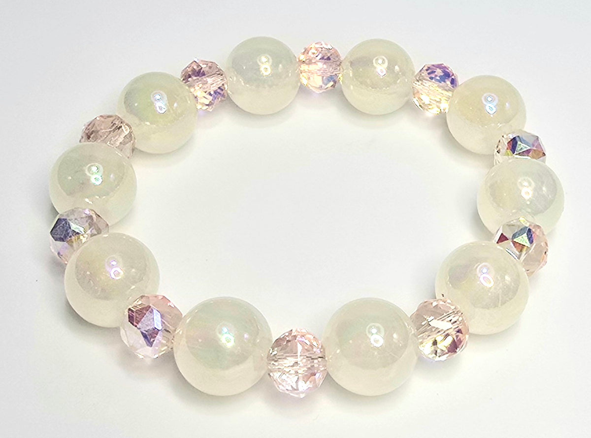 *12mm Iridescent White Beads With 8mm Pink Faceted Glass Beaded Bracelet