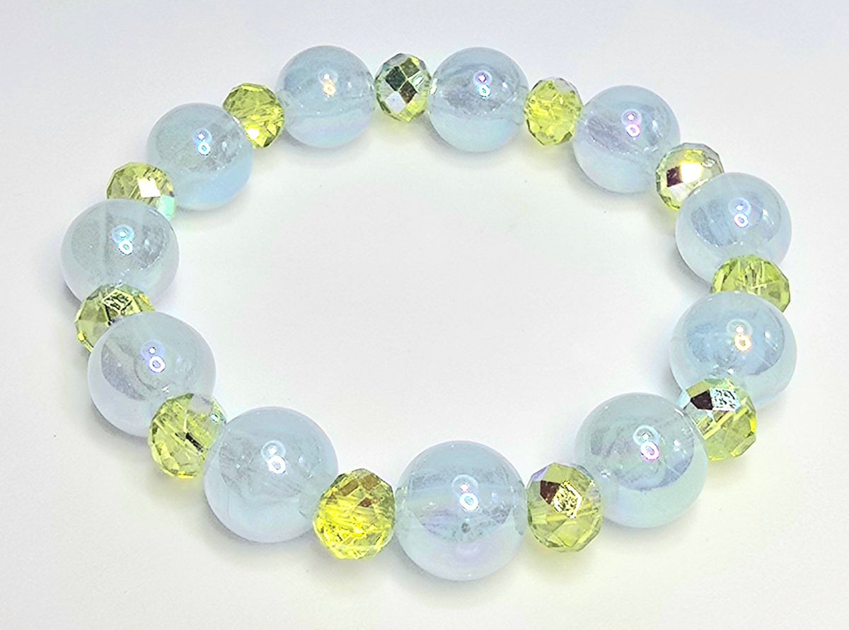 *12mm Iridescent Blue Beads With 8mm Yellow Faceted Glass Beaded Bracelet