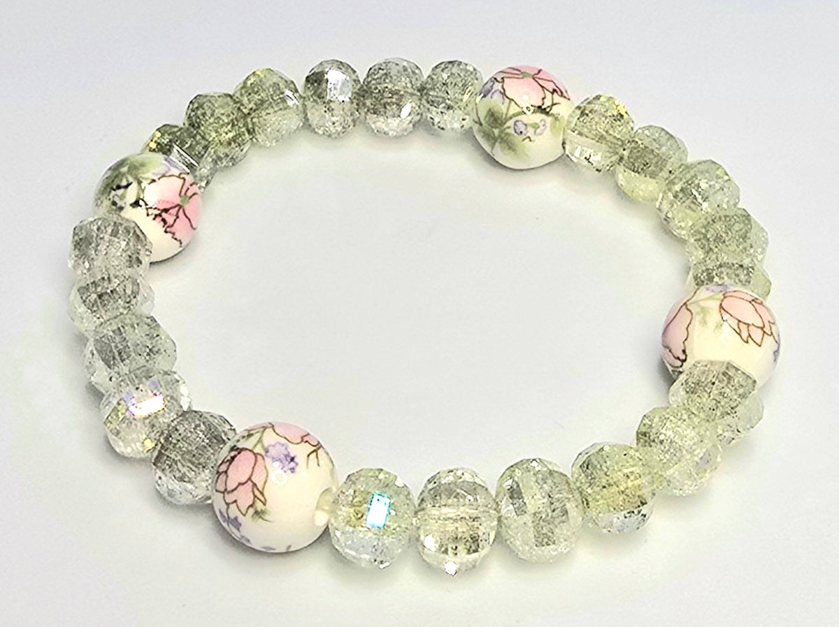 *10mm Ceramic Pink Flower Beads With 8mm Gradient Colored Faceted Glass Beaded Bracelet