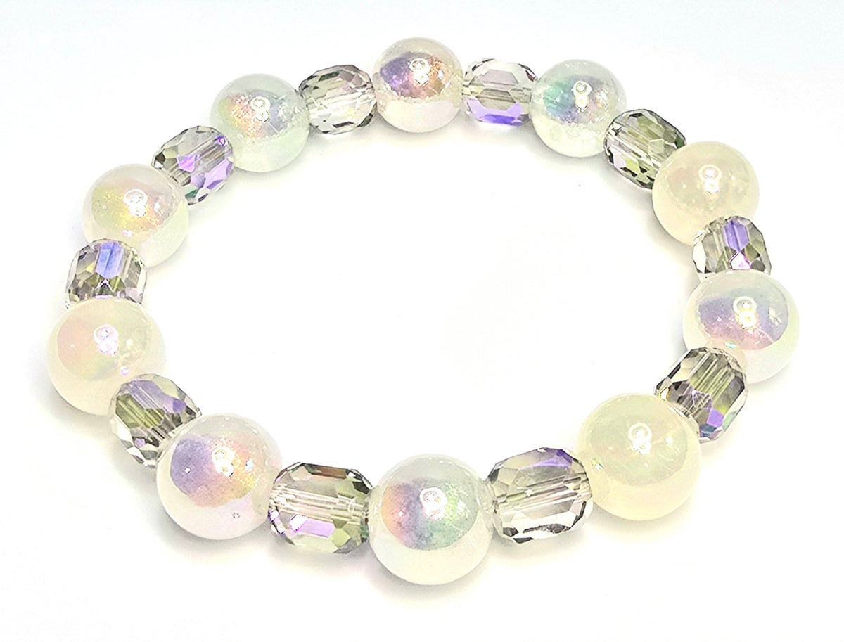 *12mm Iridescent White Beads With 10mm Faceted Glass Barrel Beads Bracelet