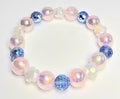 *12mm Iridescent Pink Beads With 10mm Blue Faceted Glass & 10mm White Glass Flower Bracelet