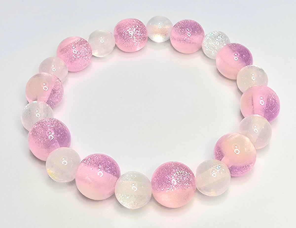 *10mm Pink Glitter Beads With 8mm White Cat Eye Beaded Bracelet