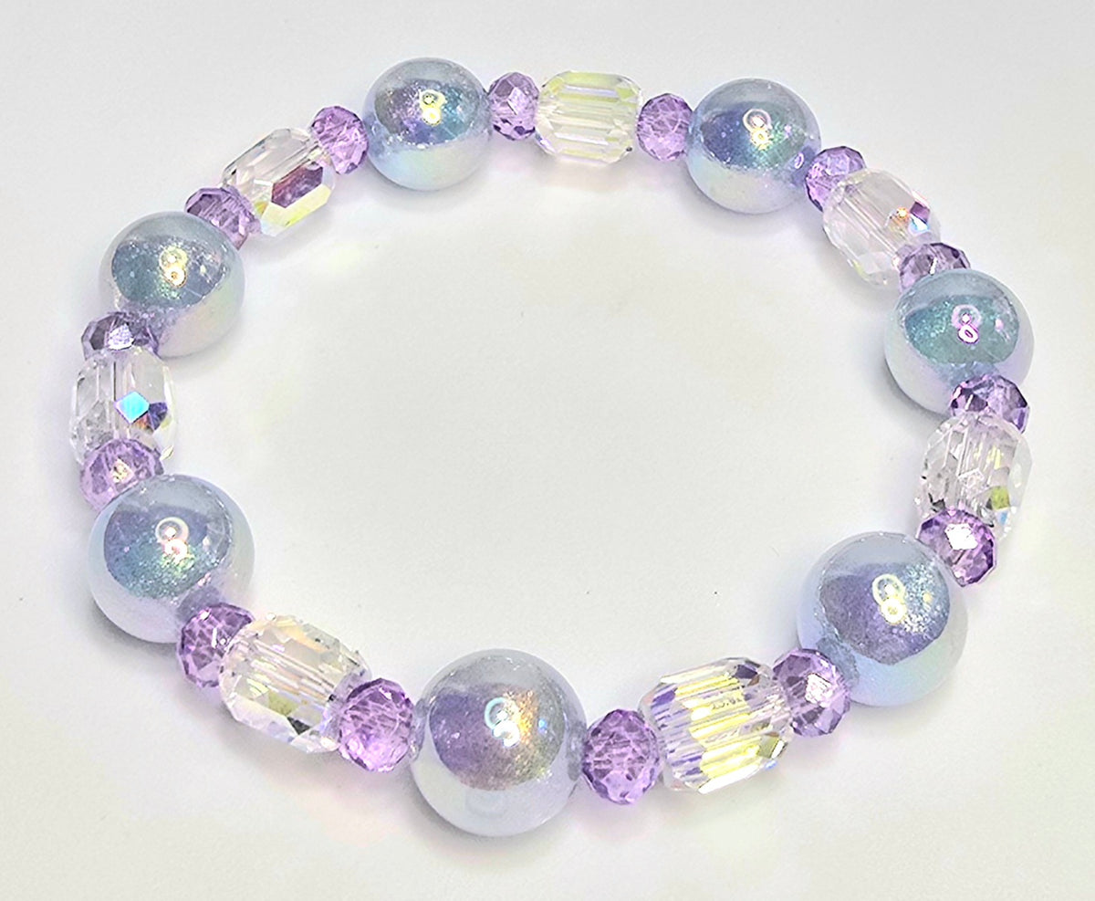 *12mm Iridescent Blue Beads With 10mm Clear Faceted Barrel Glass & 6mm Purple Beads Bracelet