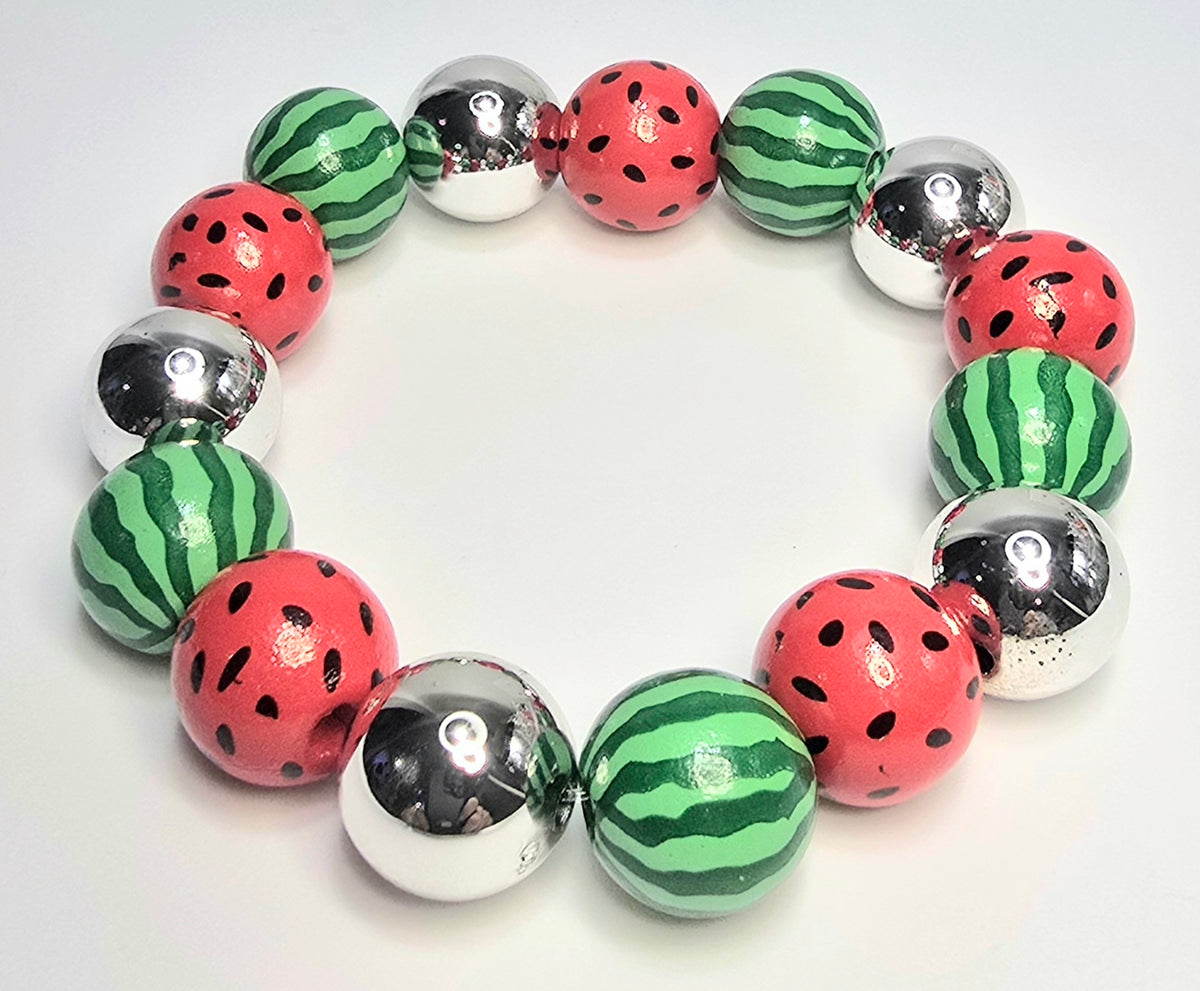 *16mm Watermelon Beads & Silver Metallic Colored Beaded Bracelet