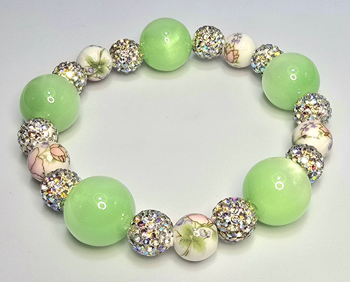 *14mm Green Resin Beads With 10mm Ceramic Pink Flowers & 10mm Sparkle Beads Bracelet
