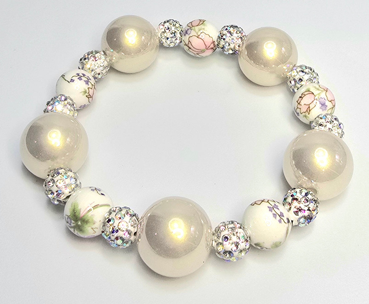 *16mm Pearly Bead, 10mm Ceramic Pink Flower With 8mm Sparkle Beaded Bracelet