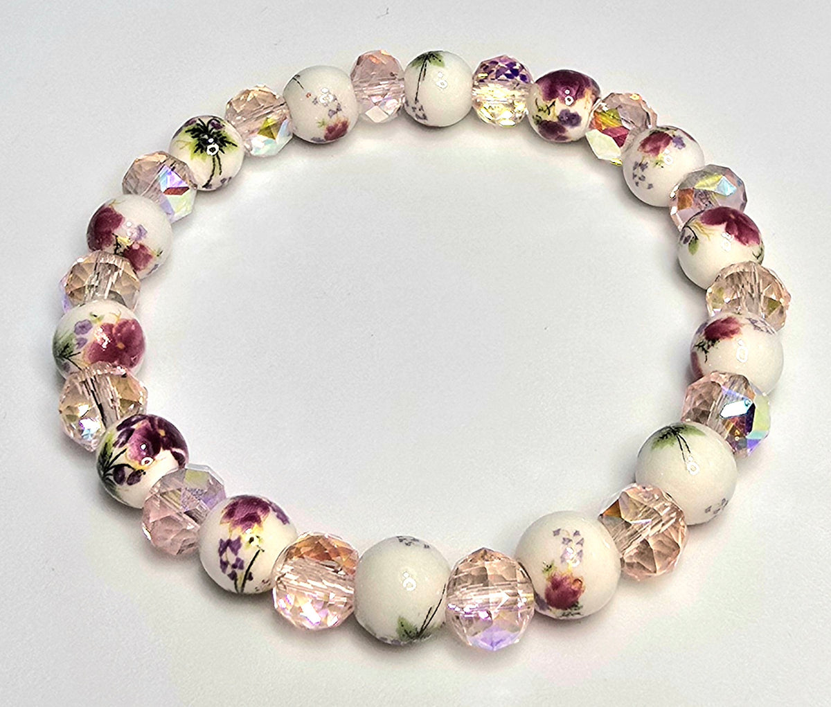 *8mm Ceramic Dark Red Flower Beads With 8mm Pink Faceted Glass Beaded Bracelet
