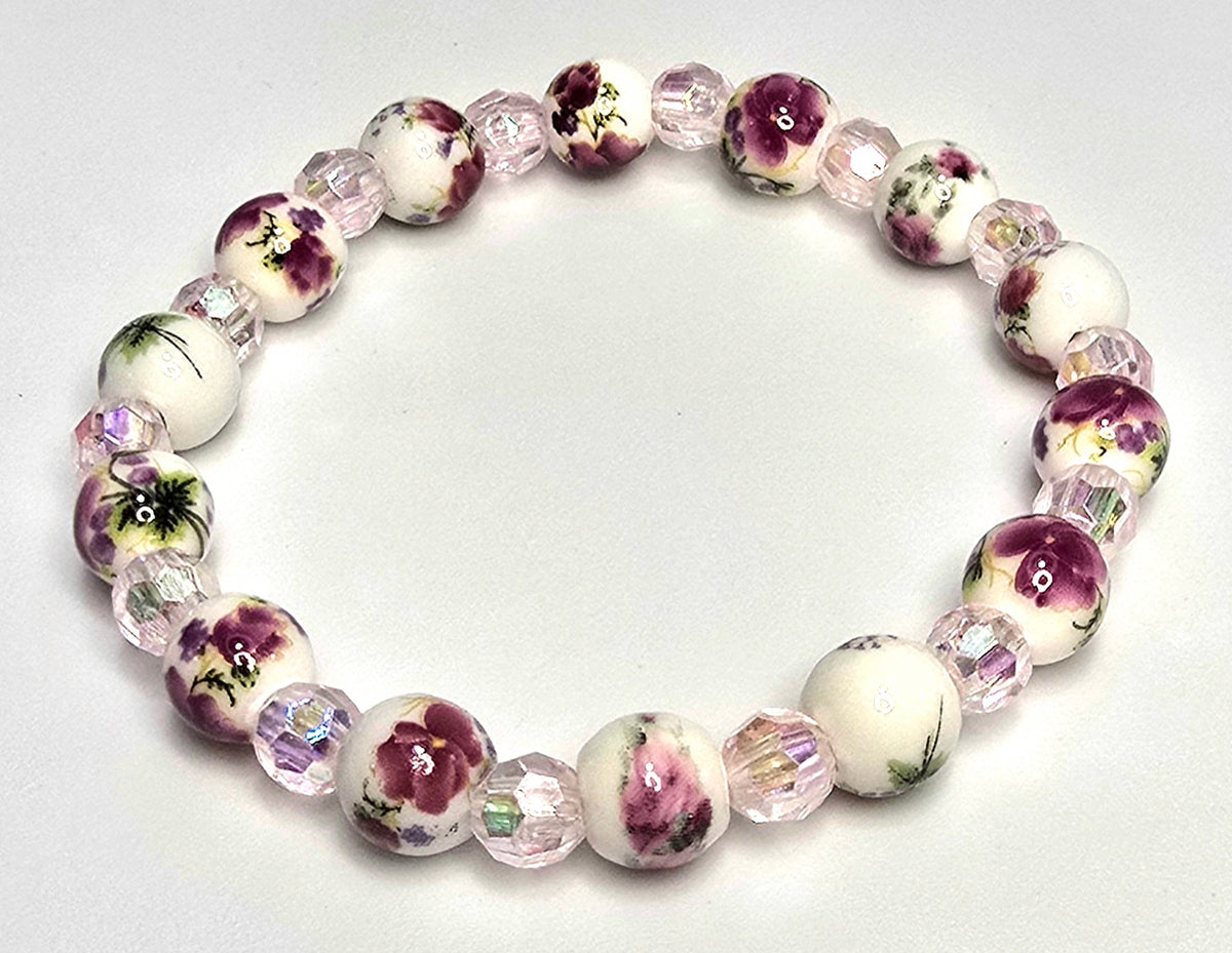 *8mm Ceramic Dark Red Flower Beads With 6mm Pink Beaded Bracelet