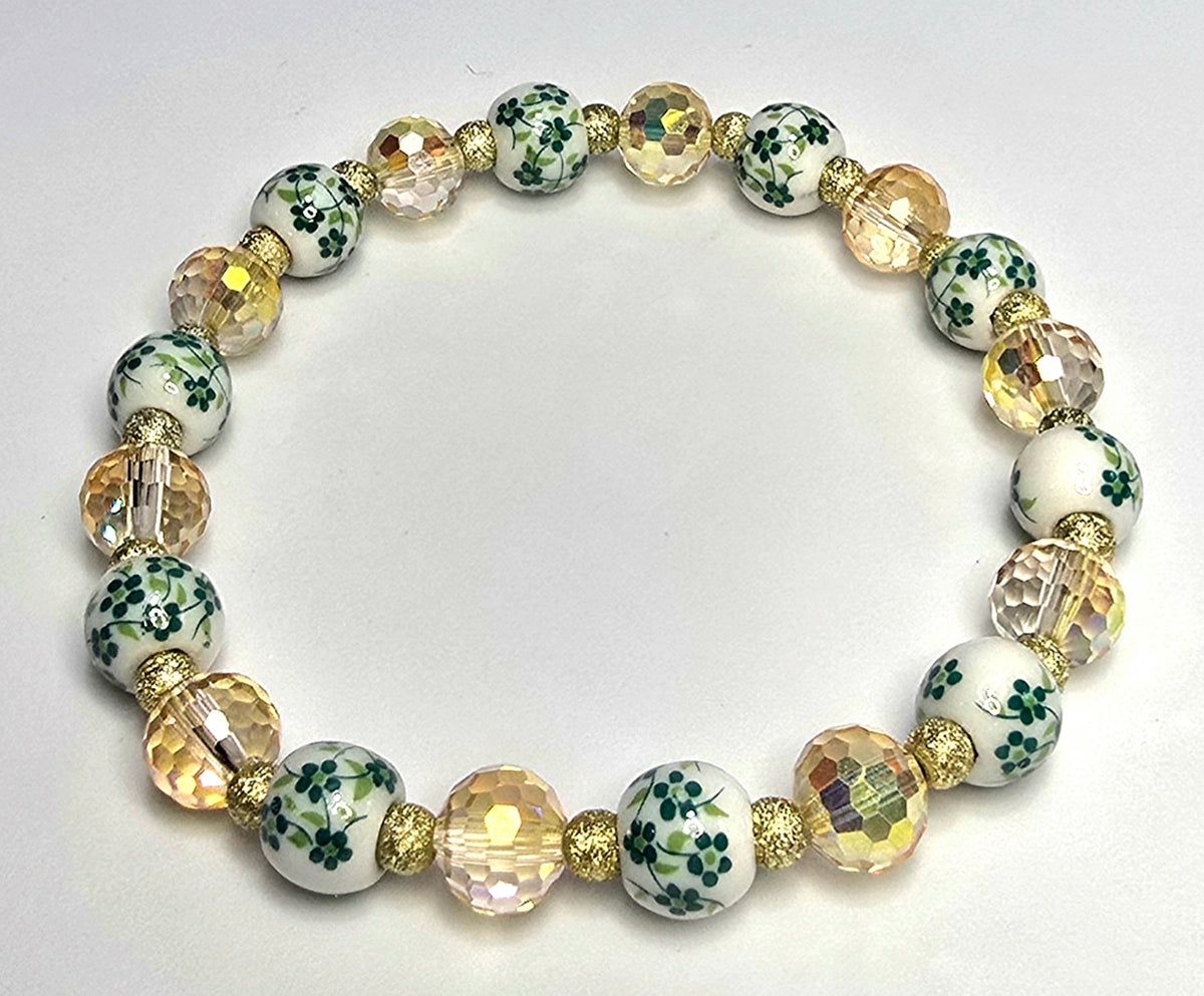 *8mm Ceramic Green Flower Beads With 8mm Champagne Color Faceted Glass Beaded Bracelet