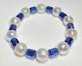 *12mm Iridescent White Beads With 10 Cobalt Blue Glass Barrel Beaded Bracelet