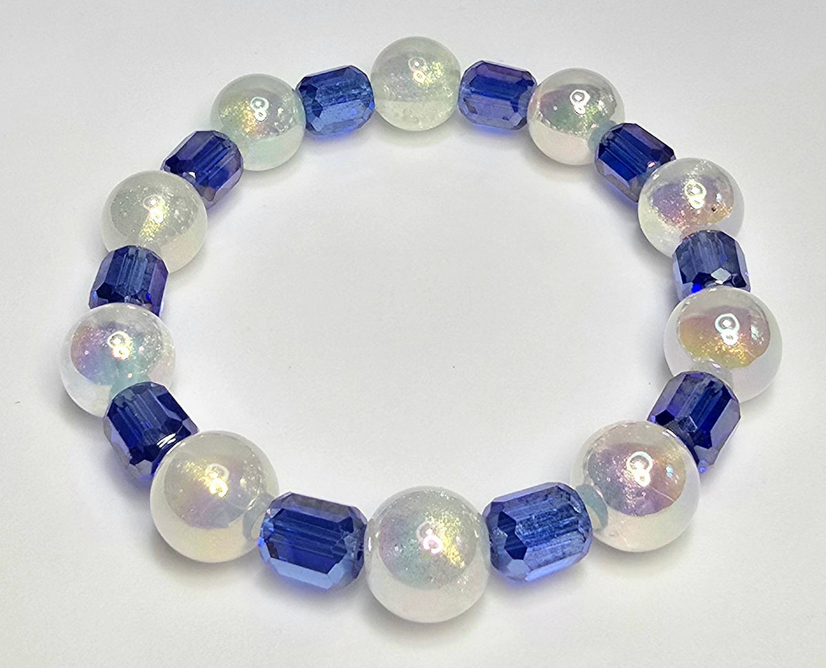 *12mm Iridescent White Beads With 10 Cobalt Blue Glass Barrel Beaded Bracelet