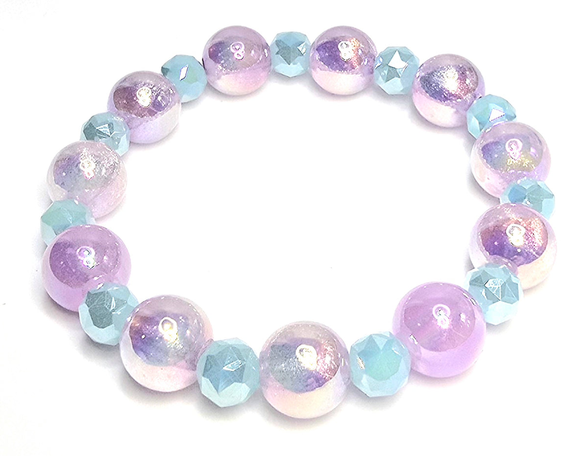 *12mm Iridescent Purple Beads With 8mm Light Blue Faceted Glass Beaded Bracelet