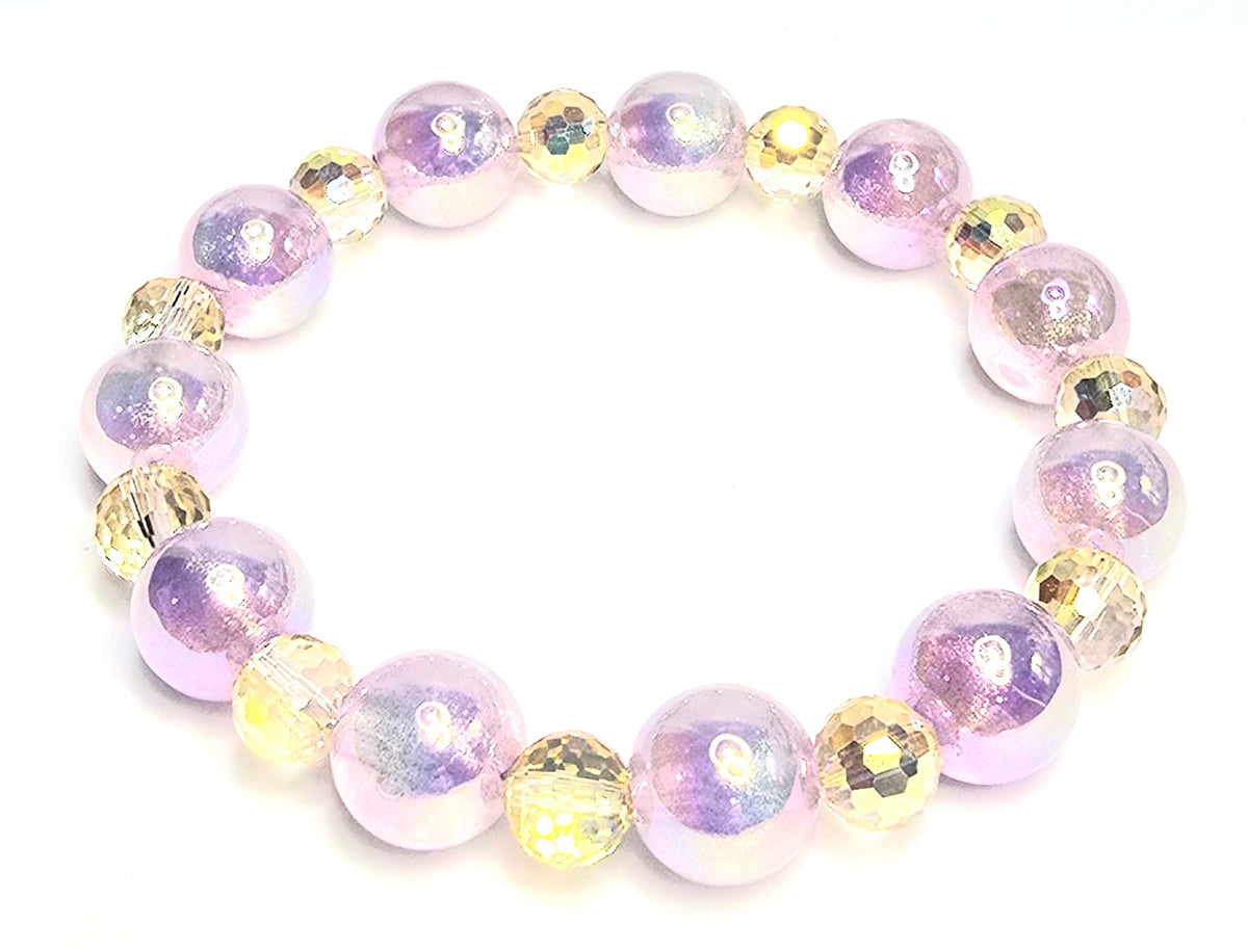 *12mm Iridescent Pink Beads With 8mm Gold Faceted Glass Beaded Bracelet