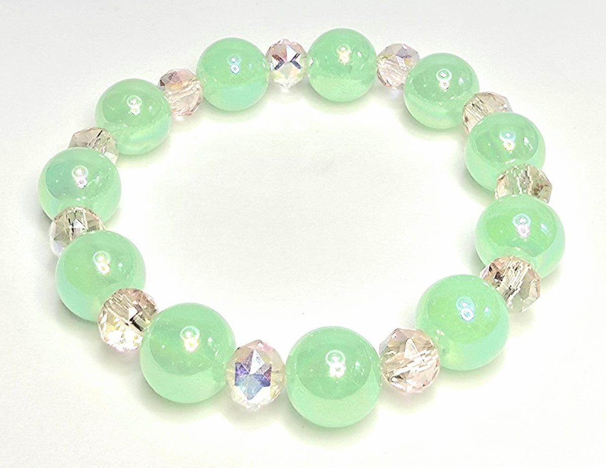 *12mm Iridescent Mint Green Beads With 8mm Pink Faceted Glass Bead Bracelet